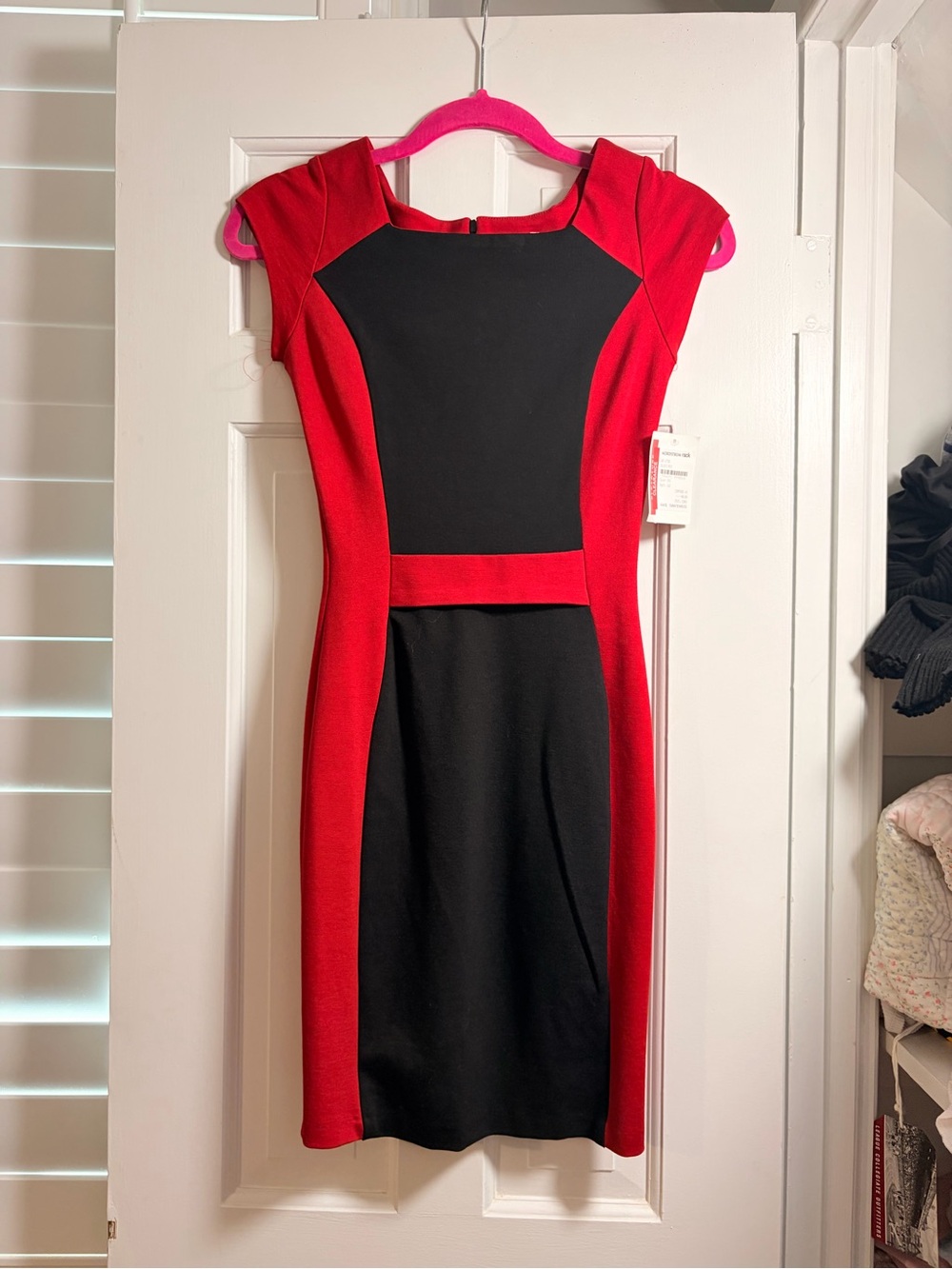 Red and Black Colorblock Midi Sheath Dress